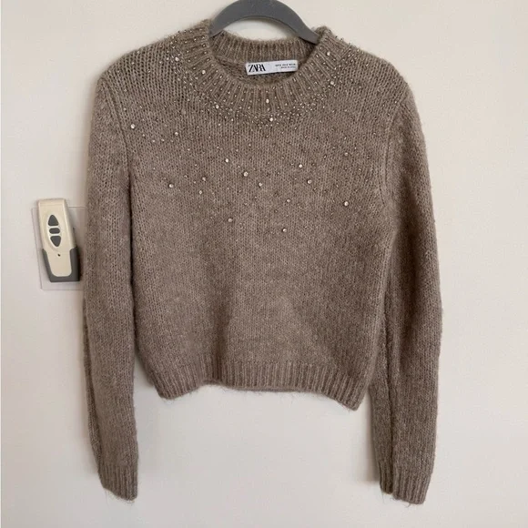 Zara Women's Taupe Embellished Sweater - Picture 1 of 4